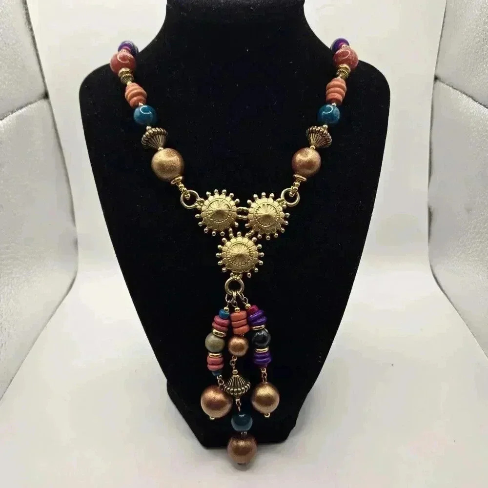 Vintage Designed By Paula Multicolor Beaded Necklace With Gold Accents Boho 20"